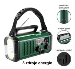 Green Power Nouzové rádio a powerbanka 10000mAh, USB-C, AM-FM-NOAA, solární s dynamem, svítilnou a dobíjením mobilu. Pytlík zdarma